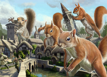 ambiguous_gender axe boots bridge brown_body brown_fur buckteeth building clothing cloud day destruction extreme_size_difference female feral footwear fur green_clothing group hat headgear headwear house macro male medieval open_mouth outside partially_submerged running shirt shoes size_difference standing tail teeth topwear tunic water whiskers windmill young young_human ben_wootten hasbro magic:_the_gathering wizards_of_the_coast human mammal rodent sciurid tree_squirrel 2024 digital_media_(artwork) hi_res official_art