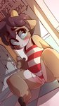 anthro black_hair blush clothed clothing clothing_aside female genitals hair hooves horn loli one-piece_swimsuit poolside pussy sign sitting solo swimming_pool swimwear swimwear_aside young young_anthro young_female neceet bovid caprine goat mammal absurd_res hi_res