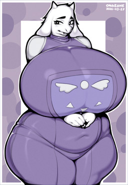 2_horns anthro big_breasts breasts clothed clothed_anthro clothed_female clothing curvy_figure delta_rune_(emblem) female female_anthro floppy_ears front_view fur hand_under_breast head_horn horn huge_breasts huge_thighs long_ears looking_aside mature_anthro mature_female navel outline overweight overweight_anthro overweight_female robe solo symbol thick_thighs tight_clothing voluptuous voluptuous_anthro voluptuous_female white_body white_ears white_fur white_horn white_outline wide_hips onae_ane undertale_(series) toriel boss_monster_(undertale) bovid caprine mammal 2026 absurd_res dated digital_media_(artwork) hi_res portrait three-quarter_portrait