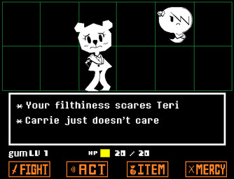 4_fingers accessory anthro black_eyes blush bow_ribbon collared_dress crossed_arms duo eyelashes featureless_feet feet female female_anthro female_humanoid fingers floating frown game_ui gameplay_mechanics ghost_tail gui hair hair_accessory hair_bow hair_over_eye hair_ribbon health_bar health_points knock-kneed level level_number looking_at_viewer name_drop orange_text orange_text_box ribbons skull_bow standing text wavy_mouth white_ears white_text white_text_box worried worried_look gaturo cartoon_network the_amazing_world_of_gumball undertale_(series) carrie_krueger teri_(tawog) bear humanoid mammal paper_creature ursine 2015 digital_drawing_(artwork) digital_media_(artwork) english_text