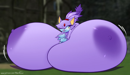 accessory anthro areola big_areola big_breasts black_mouth black_nose blurred_background breast_expansion breast_squish breasts expansion eyelashes female forehead_gem gem hair hair_accessory hairband hand_on_breast hand_on_own_breast huge_areola huge_breasts hyper hyper_areola hyper_breasts lying lying_on_breasts lying_on_self motion_lines nipples nude nude_anthro nude_female on_front one_eye_closed open_mouth open_smile outside pink_tongue purple_areola purple_body purple_ears purple_hair purple_nipples purple_tail red_gem red_hairband smile snaggle_tooth solo squish tail tan_inner_ear text three-quarter_view tongue wink yellow_eyes hyperflannel sega sonic_the_hedgehog_(series) blaze_the_cat domestic_cat felid feline felis mammal 2026 absurd_res artist_name colored digital_media_(artwork) hi_res shaded url