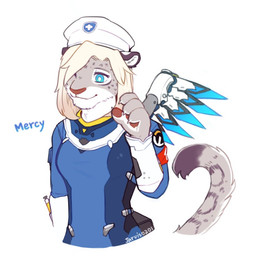 anthro black_tail_tip blonde_hair blue_clothing blue_eyes clothing collar dipstick_tail female fur grey_body grey_fur hair hair_over_eye hat headgear headwear markings paws raised_paw solo spread_wings syringe tail tail_markings white_body white_fur wings yellow_collar jarvis0201 blizzard_entertainment overwatch mercy_(overwatch) felid mammal pantherine snow_leopard
