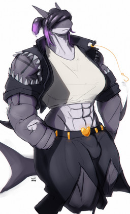 abs anthro bottomwear bulge clothing coat emotionless fin fish_hook gold_(metal) gold_jewelry gynomorph hair hidden_eyes hook intersex jewelry looking_at_viewer midriff muscular ponytail purple_hair simple_background skirt solo stripes tail topwear litehase fish marine shark absurd_res hi_res