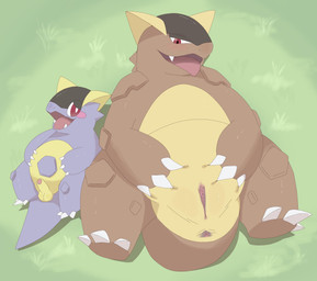 anus blush claws duo erection female feral genitals male nude penis smile tail vulva showfran nintendo pokemon baby_kangaskhan generation_1_pokemon kangaskhan mammal pokemon_(species) absurd_res hi_res