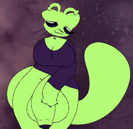 anthro big_penis bottomless bottomless_gynomorph bottomless_intersex breasts clothed clothing collar fur genitals glans green_body green_fur gynomorph huge_penis hyper hyper_genitalia hyper_penis intersex penis purple_clothing purple_glans purple_shirt purple_topwear shirt solo topwear lean_dog alien felid feline mammal hi_res