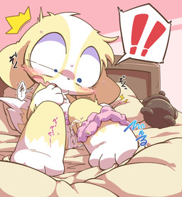 bed bodily_fluids chibi clothing egg_vibrator female flat_chested fur furniture genital_fluids genitals looking_pleasured nude on_bed open_mouth plushie sex_toy solo teddy_bear text underwear vaginal_fluids vibrator vulva yellow_body yellow_fur nettsuu canid canine canis domestic_dog mammal hi_res japanese_text