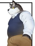 anthro belly black_nose bottomwear clothing kemono male pants shirt simple_background slightly_chubby solo topwear neiiio canid canine canis domestic_dog mammal 2020 absurd_res hi_res