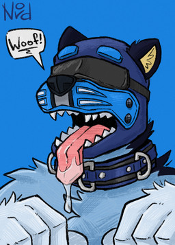 animal_mask anthro bdsm blindfold blue_background bodily_fluids collar dripping humanoid_hands inner_ear_fluff male mask open_mouth petplay pup_mask puppyplay roleplay saliva saliva_drip saliva_on_tongue simple_background solo speech_bubble tongue tongue_out tuft wearing_collar woof_(sound_effect) yellow_inner_ear_fluff nordicecream bear mammal polar_bear ursine 2026 digital_drawing_(artwork) digital_media_(artwork) english_description hi_res