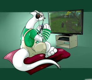 ageplay ambiguous_gender anthro anthrofied armwear clothed clothing controller electronics green_clothing green_shirt green_topwear headgear headphones headset infantilism object_in_mouth pacifier pacifier_in_mouth pillow pokemorph purple_eyes roleplay scales shirt simple_background sitting solo tail television topwear white_body white_scales danji-isthmus nintendo pokemon generation_2_pokemon legendary_pokemon lugia pokemon_(species) digital_drawing_(artwork) digital_media_(artwork) hi_res