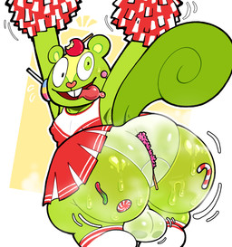anthro balls big_butt bodily_fluids bottomwear buckteeth bulge bulge_from_behind butt candy cheerleader cheerleader_outfit clothed clothing crossdressing dessert femboy food genitals green_body gummy_(food) gummy_worm lazy_eye male panties pom_poms skirt solo sweat sweaty_butt tail teeth tongue tongue_out underwear leprosick rock_candy happy_tree_friends nutty_(htf) mammal rodent sciurid tree_squirrel absurd_res hi_res