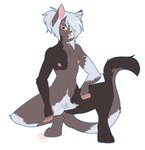 absurd_res anthro bechamel_(puffquff) crouching domestic_cat felid feline felis female flat_chested genitals hair hi_res kerothestrange mammal nipples pussy red_eyes solo white_hair yellow_sclera