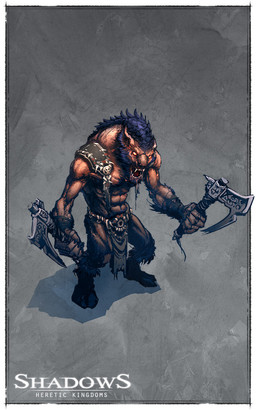 abs anthro axe battle_axe bottomwear clothing dual_wielding fangs grey_background holding_object holding_weapon loincloth male melee_weapon muscular muscular_anthro muscular_male orange_eyes pecs simple_background solo teeth weapon shadows_heretic_kingdoms zaar_(heretic_kingdoms) canid canine canis mammal wolf 5:8 official_art