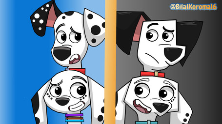 black_ears black_nose blue_collar collar duo eyebrows female feral floppy_ears freckled_face freckles heterochromatic_ears male orange_collar purple_collar raised_eyebrow red_collar smile spots square_crossover white_collar white_spots bilalkoroma16 101_dalmatian_street 101_dalmatians disney daisy_(101_dalmatians) dolly_(101_dalmatians) dylan_(101_dalmatians) canid canine canis dalmatian domestic_dog mammal 16:9 hi_res widescreen