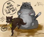 :c ambiguous_gender anthro black_claws black_eyes black_nose blue_eyes blue_sclera brown_body brown_ears brown_fur brown_tail claws clothed clothed_feral clothing d:< dialogue duo emoticon feral frown fur grey_body grey_ears grey_fur grey_tail holding_object kerchief kerchief_only mostly_nude neckerchief neckerchief_only neckwear nude obese on_ground open_mouth overweight paws quadruped red_eyes running scar simple_background sitting snout speech_bubble tail teeth text tongue what yellow_background yellow_clothing yellow_kerchief yellow_neckerchief solarbyte canid canine canis domestic_cat felid feline felis mammal wolf english_text