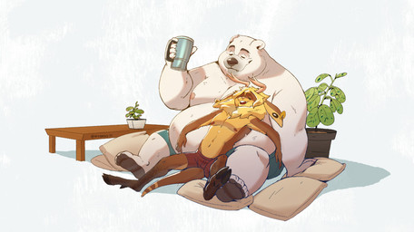 anthro antlers belly beverage big_belly blonde_hair bottomwear clothing cuddling duo eyes_closed furniture hair horn lying male moobs nipples overweight overweight_male pillow plant relaxing shorts simple_background sitting smile table tail white_background riisago standish bear deer hybrid jackalope lagomorph leporid mammal polar_bear rabbit ursine