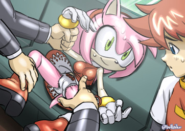 accessory anthro black_nose blue_eyes bodily_fluids boots breasts butt butt_from_the_front camel_toe clothing countershading dress duo eyelashes female female_focus footwear fur genitals gloves green_eyes hair handwear head_tuft headband light_body light_skin male offscreen_character pink_body pink_ears pink_fur pink_hair pink_tail pretending pupils red_boots red_clothing red_dress red_footwear red_headband shoes short_hair short_tail sweat sweatdrop tail tan_body tan_countershading tan_skin tuft vulva white_clothing white_gloves white_handwear rockthebull sega sonic_the_hedgehog_(series) sonic_x amy_rose christopher_thorndyke eulipotyphlan hedgehog human mammal 2026 hi_res