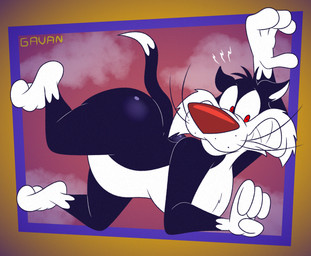 3_toes 4_fingers anthro arched_foot ass_up belly bent_legs big_butt biped black_body black_fur bubble_butt butt cheek_tuft chest_tuft clenched_teeth cloud cloudy_sky curling_tail curling_toes curvy_figure dipstick_tail ears_outwards facial_tuft fangs fearful fearful_expression feet fingers fluffy fluffy_chest flying fur glance glancing_back glistening glistening_butt gloves_(marking) head_tuft huge_butt humanoid_hands humanoid_heel leg_markings lines_drawn looking_down male markings nude paws pecs pivoted_ears plantigrade pose puffed_out_chest raised_calf red_eyes red_nose scared sharp_teeth sky slightly_chubby slightly_chubby_anthro slightly_chubby_male socks_(marking) solo spine tail tail_markings teeth toes tuft whisker_spots whiskers white_belly white_body white_feet white_fur white_hands white_sclera white_tail_tip wide_eyed wide_hips gavanzude looney_tunes warner_brothers sylvester_(looney_tunes) domestic_cat felid feline felis mammal tuxedo_cat 2026 alternate_version_at_paywall colored digital_drawing_(artwork) digital_media_(artwork) flat_colors hi_res pinup signature