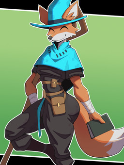 anthro biped book bottomwear claws clothed clothed_anthro clothed_male clothing fingers front_view fully_clothed fully_clothed_anthro fully_clothed_male fur hat headgear headwear holding_object male simple_background smile solo standing tail topwear cooliehigh fox_(megabonk) canid canine fox mammal 2026 digital_drawing_(artwork) digital_media_(artwork) hi_res