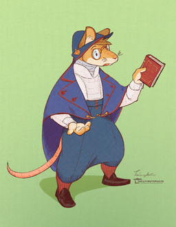 anthro book cape cloak clothed clothing dialogue eyewear fully_clothed glasses hat headgear headwear male solo thelivingtrashcan dungeons_and_dragons hasbro wizards_of_the_coast mammal mouse murid murine rodent 2025 hi_res