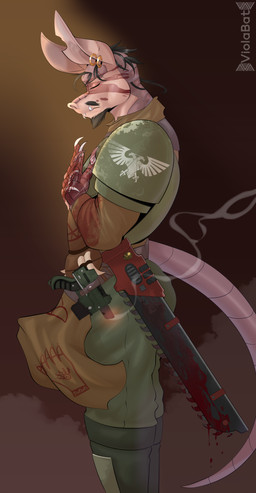 abstract_background anthro armor blood blood_on_face blood_on_object blood_on_weapon bodily_fluids bottomwear breastplate chainsword clothing ear_piercing ear_ring facial_hair fangs guardsman_(warhammer_40k) guardsmen hair laser_gun loincloth male messy_hair military military_uniform piercing praying ranged_weapon ring_piercing soldier solo teeth uniform warrior weapon viola_bat warhammer_(franchise) warhammer_40000 armadillo mammal xenarthran absurd_res hi_res