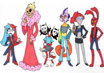 2_heads 4_fingers alternate_species alternate_universe anthro black_bottomwear black_clothing black_footwear black_jacket black_shoes black_skirt black_topwear bone bottomwear brown_body brown_skin clothing ear_fins facial_piercing female fin fingers footwear fur glistening glistening_body group hair hand_on_hip hand_on_own_hip heterochromia jacket male mohawk multi_head navel navel_piercing nose_piercing nose_ring open_mouth pants piercing purple_body purple_scales rag_doll_(toy) red_body red_fur red_hair ring_piercing scales sharp_teeth shoes simple_background size_difference skirt skull skull_head standing teeth topwear torn_bottomwear torn_clothing torn_pants white_background seeonleme glitch_productions hazbin_hotel hellaverse the_amazing_digital_circus gangle_(tadc) jax_(tadc) kinger_(tadc) pomni_(tadc) ragatha_(tadc) zooble_(tadc) humanoid lagomorph leporid mammal rabbit sinner_demon absurd_res hi_res marker_(artwork) traditional_media_(artwork) nonbinary_(lore)