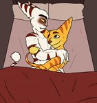 age_difference anthro bed bedroom clothed clothing duo fur furniture green_eyes group hand_on_shoulder hug male male/male mostly_nude partially_clothed pillow red_eyes romantic romantic_ambiance romantic_couple striped_body striped_fur stripes tail tail_tuft topless topless_anthro topless_male tuft white_body white_fur yellow_body yellow_fur yellow_sclera theanimatingfanatic ratchet_and_clank sony_corporation sony_interactive_entertainment alister_azimuth ratchet_(ratchet_and_clank) lombax mammal