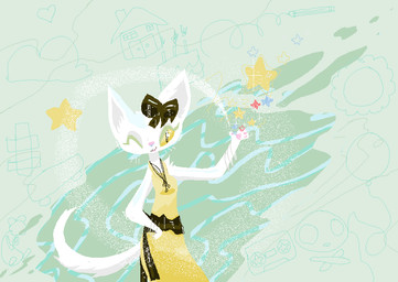 abstract_background anthro clothed clothed_female clothing dress female fur green_sclera one_eye_closed pink_nose smile solo star white_body white_fur wink yellow_clothing yellow_dress naircat domestic_cat felid feline felis mammal 2017 digital_media_(artwork) microsoft_paint_(artwork)