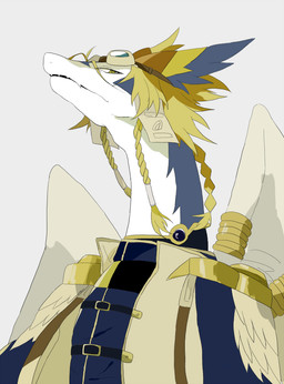 ambiguous_gender anthro blonde_hair blue_body braided_hair clothed clothing collar eyewear feathered_wings feathers furgonomic_piercing furgonomics goggles hair multicolored_body piercing simple_background solo two_tone_body white_background white_body wing_piercing wings yellow_sclera sigi0406 legendz mythology shiron dragon mythological_creature mythological_scalie scalie windragon bust_portrait portrait