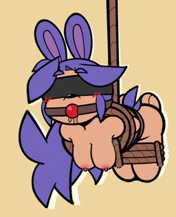 3_toes anthro areola arms_tied ball_gag bdsm blindfold blue_eyebrows blue_hair blue_tail blush blush_lines bodily_fluids bondage bound chibi drooling eyebrows feet female gag hair hands_behind_back hanging_from_rope legs_tied long_hair nipple_piercing nipples piercing restraints rope rope_bondage saliva scut_tail short_tail solo tail toes conditional_dnp thehenwithatie ninjin_(thehenwithatie) lagomorph leporid mammal rabbit 2025 2d_animation absurd_res animated hi_res high_framerate loop motion_tweening no_sound short_playtime video