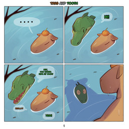 ambiguous_form beret brown_body clothing color_coded_text dialogue duo eyes_closed four_frame_image green_body green_text hat headgear headwear looking_at_another male orange_text partially_submerged relaxing shadow shocked surfacing text water wet wet_body wide_eyed wolfanine tang_(wolfanine) tooth_(wolfanine) alligator alligatorid capybara caviid crocodilian mammal reptile rodent scalie 1:1 comic english_text hi_res multiple_scenes