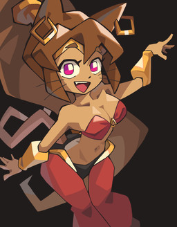 anthro bandeau breasts brown_body brown_hair circlet clothing collarbone cosplay crossover_cosplay ear_piercing ear_ring eyebrows eyelashes female hair magenta_eyes navel open_mouth open_smile piercing ponytail ring_piercing smile solo thigh_gap topwear whiskers notus49 gameoverse glitch_productions shantae_(series) wayforward kit_bodega shantae domestic_cat felid feline felis mammal 2026 absurd_res crossover hi_res
