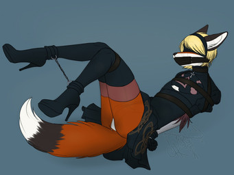 anthro arms_tied black_body black_fur blindfold blonde_hair blue_background boots bound clothed clothing collar cosplay crossdressing cuff_(restraint) dress femboy footwear fur gag gagged hair hands_behind_back high_heeled_boots high_heels legs_tied legs_up lying male muzzle_(object) muzzle_gag muzzled on_back orange_body orange_fur panel_gag restraints shoes simple_background solo submissive submissive_anthro submissive_male underwear white_body white_fur scarlett_the_red jessie_lockhart canid canine fox mammal 4:3