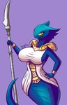 anthro armor big_breasts blue_body blue_scales blue_tail bracelet breasts clothing dress egyptian egyptian_clothing female forked_tongue glaive hand_on_hip hand_on_own_hip holding_melee_weapon holding_object holding_polearm holding_weapon jewelry looking_at_viewer melee_weapon open_mouth polearm pupils purple_background scales simple_background slit_pupils smile solo spear tail tongue tongue_out weapon yellow_sclera neronej lego ninjago aspheera_(ninjago) cobra hypnobrai pyro_viper_(ninjago) reptile scalie serpentine_(ninjago) snake 2023 absurd_res digital_drawing_(artwork) digital_media_(artwork) hi_res portrait signature