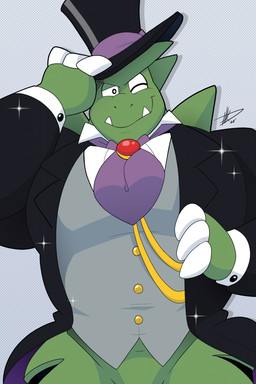 anthro black_clothing black_tie_(suit) bottomless bottomless_anthro bottomless_male clothed clothing front_view green_body hat headgear headwear holowear_(pokemon) looking_at_viewer male one_eye_closed smile smiling_at_viewer solo sparkles suit top_hat wink winking_at_viewer hikazedragon nintendo pokemon pokemon_unite tuxedo_style_tyranitar generation_2_pokemon pokemon_(species) tyranitar 2022 hi_res