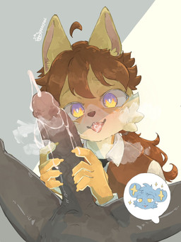 5_fingers accessory adult_on_young after_fellatio after_oral after_orgasm after_sex age_difference ahoge anthro big_penis black_body black_penis blue_body blue_fur blush bodily_fluids body_blush breath brown_clothing brown_hair brown_nose brown_topwear clothing cum cum_in_mouth cum_inside cum_on_penis cutaway duo ejaculation facial_tuft fingers first_person_view fur genital_fluids genitals hair hair_accessory hairband handjob humanoid_genitalia humanoid_penis inner_ear_fluff kemono looking_at_viewer male male/male male_pov multicolored_body multicolored_eyes multicolored_fur open_mouth orgasm penile penis penis_blush pointy_ears ponytail purple_eyes sex simple_background speech_bubble sweater sweater_vest tongue tongue_out topwear tuft two_tone_body two_tone_fur vest white_body white_fur yellow_body yellow_eyes yellow_fur yellow_inner_ear_fluff young young_anthro young_male regcron nintendo pokemon canid canine generation_4_pokemon mammal pokemon_(species) shinx 2026 3:4 hi_res signature