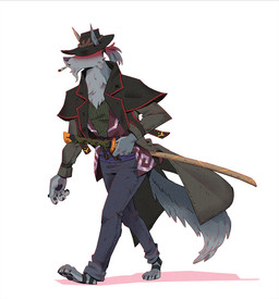 3_toes anthro bottomwear chest_tuft cigarette cigarette_in_mouth clothing coat cowboy_hat feet fluffy footwear fur grey_body grey_fur hair hat hat_over_eyes headgear headwear holding_object holding_weapon katana long_tail male melee_weapon object_in_mouth pants pawpads pointy_ears ponytail shirt short_hair snout solo sword tail toeless_footwear toes topwear tuft weapon ruffu asukaru_(ruffu) unnamed_character canid canine canis mammal wolf digital_drawing_(artwork) digital_media_(artwork) full-length_portrait portrait