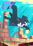 anthro black_body black_fur black_nose detailed_background duo fur pawpads smile solo_focus text underwater water white_body white_fur hydrabb ambient_fish ambient_sealife fish mammal marine mustelid otter 2022 artist_name lineless