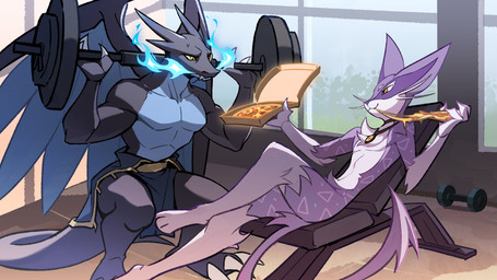 ambiguous_gender anthro barbell box container duo feral food fur jewelry male necklace paws pink_body pink_fur pizza pizza_box spots tail white_body white_fur wings yellow_eyes rabbitoad mythology nintendo pokemon fan_character feng_hui yemao_(kianyemao) dragon generation_5_pokemon generation_6_pokemon liepard mega_charizard mega_charizard_x mega_evolution mythological_creature mythological_scalie pokemon_(species) scalie absurd_res hi_res