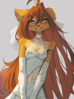 anthro arm_tattoo biped breasts brown_eyes brown_hair brown_tail clothed clothed_anthro clothed_female clothing countershade_fur countershade_torso countershading dress female front_view fur hair long_hair looking_at_viewer midriff navel simple_background smile solo standing tail tan_body tan_fur tattoo wedding_dress tinygaypirate apogee_(tinygaypirate) canid canine canis domestic_dog mammal 2025 3:4 digital_drawing_(artwork) digital_media_(artwork) hi_res