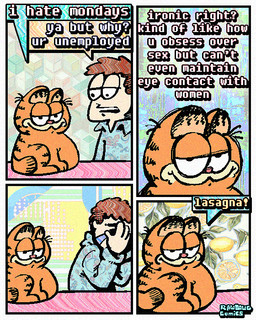 4_panel_comic bodily_fluids crying dialogue duo feral humor male smug speech_bubble tears text rawdawgcomics garfield_(series) garfield_the_cat jon_arbuckle domestic_cat felid feline felis human mammal 4:5 comic english_text hi_res meme