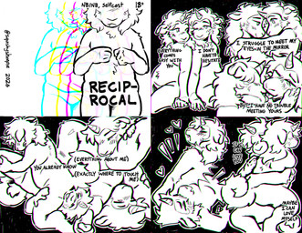 69_position ambiguous_gender anthro curled_tail duo emanata hand_on_leg hand_on_thigh holding_face horn hug kissing nude oral selfcest sex slightly_chubby square_crossover tail text tongue tongue_out squishysheepie mythology canid canine equid equine hybrid mammal mythological_creature mythological_equine unicorn absurd_res chromatic_aberration comic english_text hi_res monochrome