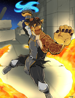 anthro black_clothing blue_eyes brown_hair clothed clothed_male clothing elemental_manipulation fire fire_manipulation grey_clothing hair male orange_body sky solo standing pandottermon erez_(rmwx) giraffe giraffid mammal 2021 colored dated hi_res signature