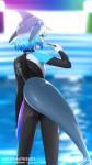 blue_eyes blue_hair clothed clothing female fin gradient gradient_hair grey_hair hair head_fin multicolored_hair rear_view solo tail tail_fin wetsuit white_hair stylecase kemono_friends dolka animal_humanoid cetacean cetacean_humanoid dolphin_humanoid humanoid mammal marine marine_humanoid toothed_whale_humanoid 9:16 hi_res