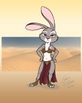 anthro breasts clothing costume desert female frown fur grey_body grey_fur hands_on_hips looking_at_viewer navel purple_eyes sand slave_leia_costume solo unimpressed white_body white_fur chris_sutor disney star_wars zootopia judy_hopps leia_organa lagomorph leporid mammal rabbit 2016 4:5 crossover