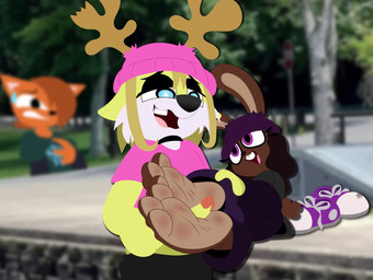 3_toes 4_toes anthro antlers barefoot big_feet blush bodily_fluids body_blush bottomwear brown_body clothed clothing countershade_feet countershading cum cum_on_feet cumshot duo ejaculation erection feet female foot_blush foot_fetish foot_focus foot_grinding foot_play footjob footwear genital_fluids genitals hair headgear headwear horn humanoid_feet humanoid_genitalia humanoid_penis lightened_soles male male/female male_penetrating mismatched_genitalia mismatched_humanoid_penis mismatched_penis open_mouth outside penetration penile penis plantigrade public public_sex sex shoes_removed skate_park skater smile soles sound_effects tail teeth toes topwear two-footed_footjob baggy_(artist) shrinkybee awesome_super_skaters_(series) elo_(nouvaera) reb_(baggy) deer lagomorph mammal 2d_animation animated digital_media_(artwork) hi_res short_playtime sound video