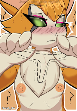 anthro blush breasts confusion female fur genitals green_eyes hair looking_at_viewer nipples nude orange_body orange_fur question_mark simple_background small_breasts solo text white_body host_hu dust:_an_elysian_tail panties_trend fidget_(elysian_tail) bat mammal nimbat hi_res