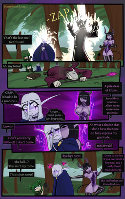 big_breasts breasts choker clothing collar dialogue female jewelry latex latex_clothing magic male necklace not_furry seductive spade_tail tail text creambeam blizzard_entertainment warcraft moymoy_fizztwist riinea_moongazer demon elf gnome_(warcraft) humanoid night_elf succubus absurd_res comic english_text hi_res