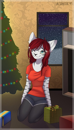 black_markings blue_eyes breasts christmas_tree clothing female fur gift grey_body grey_fur hair holidays inside lights markings one_eye_closed plant red_hair solo striped_body striped_fur stripes tree tsayber ashsky christmas felid mammal hi_res