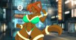 abs anthro bikini black_nose blush city clothing female hair muscular muscular_female orange_eyes solo swimwear translucent translucent_hair two-piece_swimsuit mastergodai knuckle_up! chica_(mastergodai) domestic_cat felid feline felis mammal