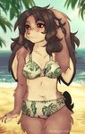 5_fingers anthro beach bikini black_hair blue_sky blush bow_bikini brown_eyes claws clothed clothing cloud female fingers floppy_ears fluffy fluffy_ears fluffy_hair fluffy_tail freckles fur grey_body grey_fur hair island long_ears lop_ears lying lying_on_ground on_ground plant sand sea seaside short_hair sky smile solo swimwear tail tree two-piece_swimsuit water white_body white_fur elronya ronya suvi_(elronya) lagomorph leporid mammal rabbit hi_res